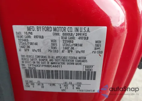 1999 Ford F-250 Lariat/Xl/Xlt z USA, uszkodzony, nr VIN 1FTNX21F9XEC46011